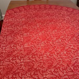 60” round red batik cotton tablecloth